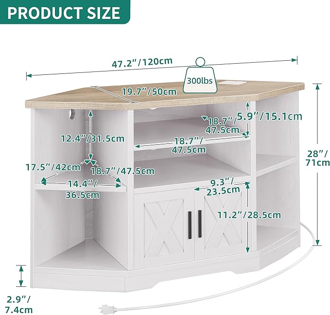 YITAHOME Corner TV Stand for TV Up to 55 Inch with Power Outlet, Farmhouse TV Console w/Adjustable Storage Shelf, Entertainment Center for Living Room,Bedroom, Grey White & Grey Wash, 47 inches - LeafyLoom