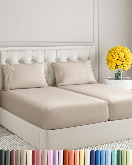 Split King Size 5 Piece Sheet Set - Comfy Breathable & Cooling Sheets - Hotel Luxury Bed Sheets for Women & Men - Deep Pockets, Easy-Fit, Soft & Wrinkle Free Sheets - Wheat Oeko-Tex Bed Sheet Set - LeafyLoom