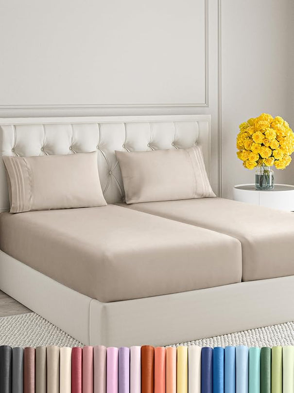 Split King Size 5 Piece Sheet Set - Comfy Breathable & Cooling Sheets - Hotel Luxury Bed Sheets for Women & Men - Deep Pockets, Easy-Fit, Soft & Wrinkle Free Sheets - Wheat Oeko-Tex Bed Sheet Set - LeafyLoom