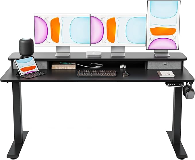 BANTI 60x24 Inch Electric Standing Desk with Double Drawers, Adjustable Height Stand Up Desk, Sit Stand Home Office Desk with Storage Shelf, Black Top - LeafyLoom
