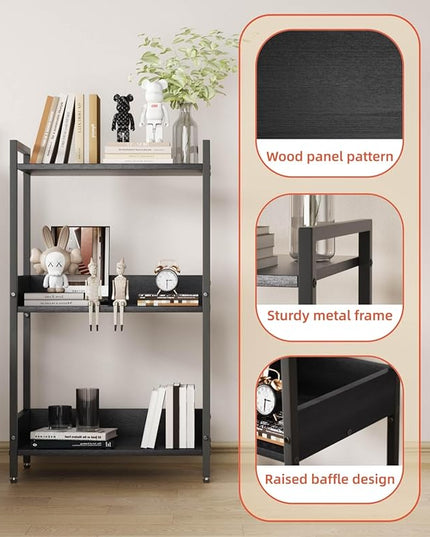 Bookshelf, 3 Tier Industrial Small Book Shelf, Small Storage Bookcase with Organizer, Freestanding Open Shelf for Small Spaces, Bedroom, Living Room Black BS70BS - LeafyLoom