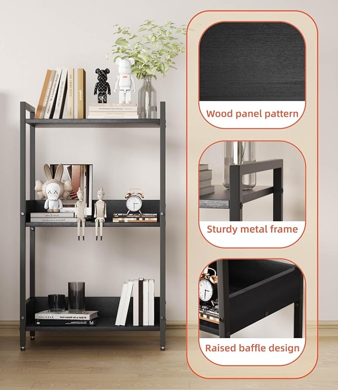Bookshelf, 3 Tier Industrial Small Book Shelf, Small Storage Bookcase with Organizer, Freestanding Open Shelf for Small Spaces, Bedroom, Living Room Black BS70BS - LeafyLoom