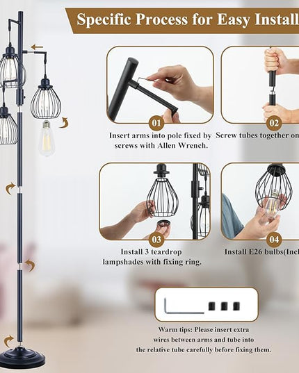 68.5” Dimmable Floor Lamp, Industrial Farmhouse Floor Lamps with Elegant Teardrop Cages, Rustic Floor Lamps Black Tall Vintage Pole Lamps for Living Room Bedroom Office, 3 LED Bulbs Included - LeafyLoom