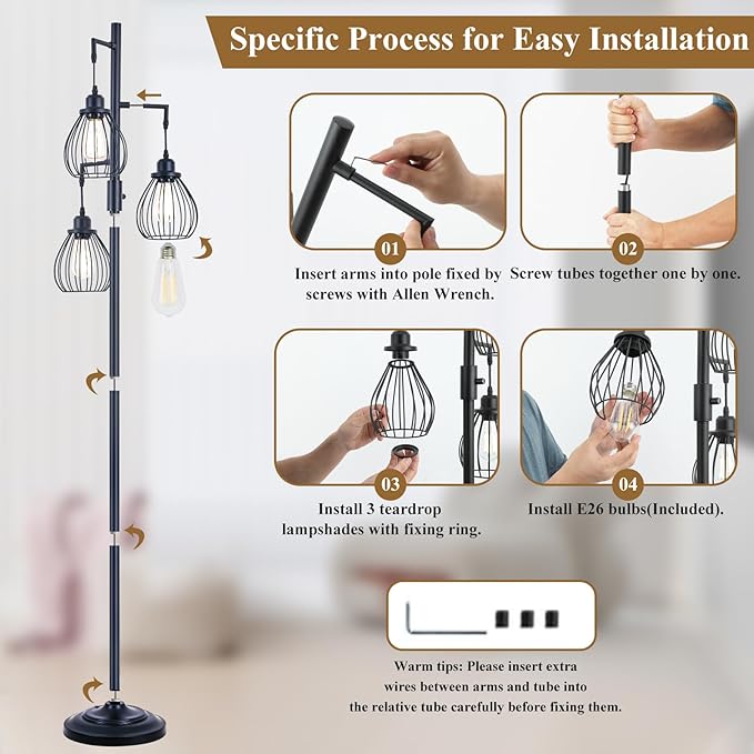 68.5” Dimmable Floor Lamp, Industrial Farmhouse Floor Lamps with Elegant Teardrop Cages, Rustic Floor Lamps Black Tall Vintage Pole Lamps for Living Room Bedroom Office, 3 LED Bulbs Included - LeafyLoom