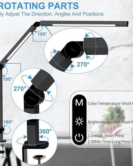 LED Desk Lamp with Clamp, Architect Desk Lamp for Home Office with Remote Control, Swing Arm Clamp on Desk Light, Clip-on Eye-Care Adjustable 5 Brightness Levels Table Light for Working Drafting - LeafyLoom