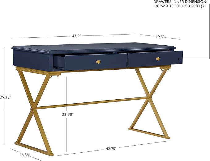 Linon Campaign Desk Navy with Gold Legs, Blue - LeafyLoom
