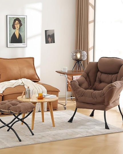 Cozy Lazy Chair and Ottoman, Large Contemporary Accent Lounge Chair Set, Leisure Upholstered Reading Armchair for Bedroom, Living Room, Dorm Rooms, Office - LeafyLoom