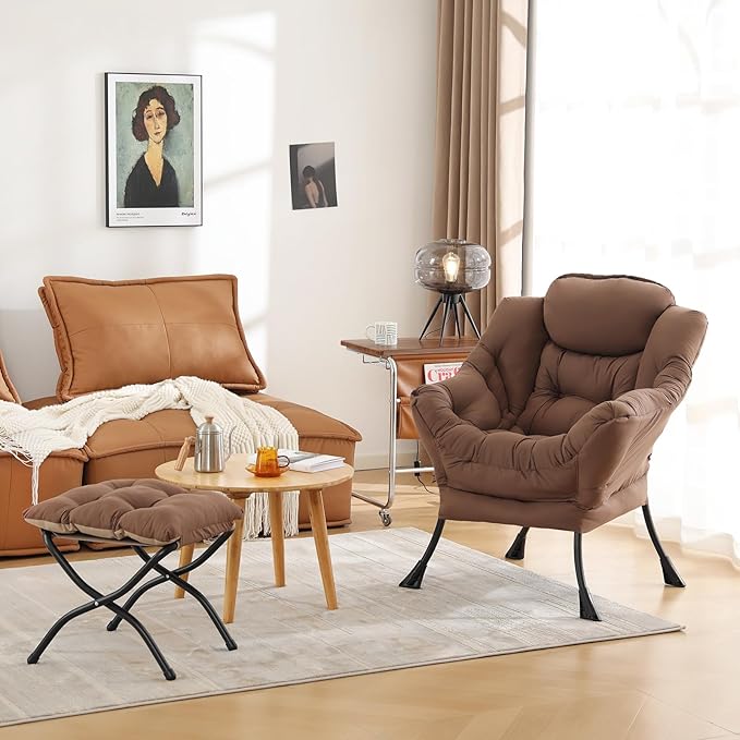 Cozy Lazy Chair and Ottoman, Large Contemporary Accent Lounge Chair Set, Leisure Upholstered Reading Armchair for Bedroom, Living Room, Dorm Rooms, Office - LeafyLoom
