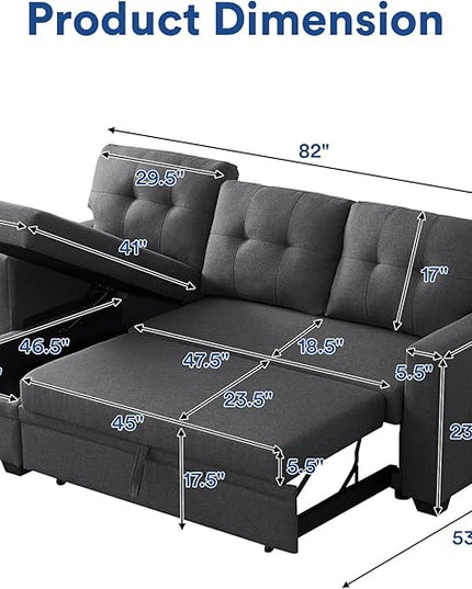 4-in-1 Convertible L Shaped Couch with Pull Out Bed and Storage Sectional Sleeper Sofa with Reversible Chaise for Living Room, Apartment, Bedroom, Office, Charcoal Grey - LeafyLoom