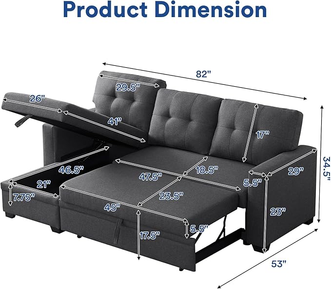 4-in-1 Convertible L Shaped Couch with Pull Out Bed and Storage Sectional Sleeper Sofa with Reversible Chaise for Living Room, Apartment, Bedroom, Office, Charcoal Grey - LeafyLoom