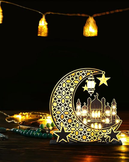 Capoda Eid Craft Night Light Ramadan Mubarak Table Decor 3D Wooden Moon Star LED Light Decor, Mosque Lamp Eid al-Fitr Ornament Gift for Muslim Ramadan Islamic Wall Decor Table Centerpiece(Black) - LeafyLoom