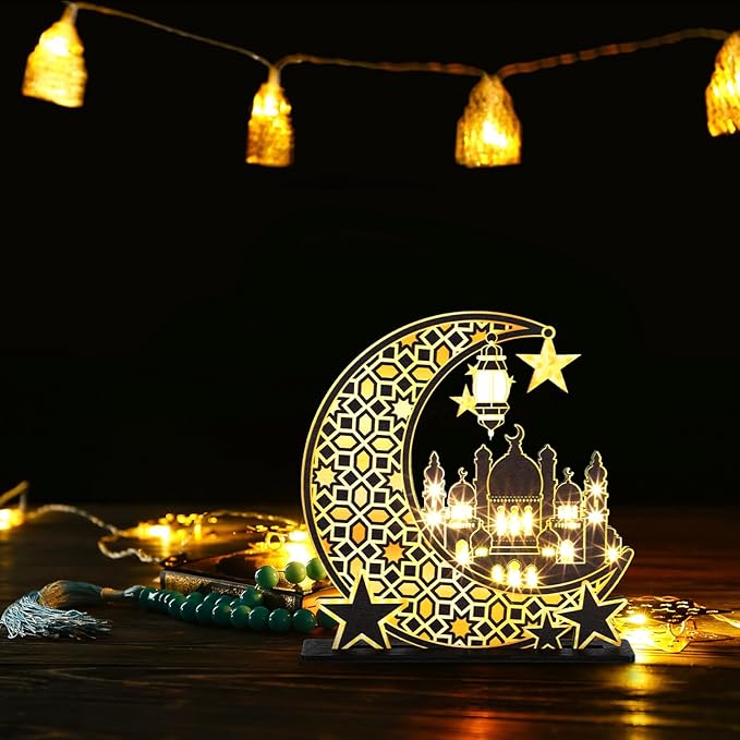 Capoda Eid Craft Night Light Ramadan Mubarak Table Decor 3D Wooden Moon Star LED Light Decor, Mosque Lamp Eid al-Fitr Ornament Gift for Muslim Ramadan Islamic Wall Decor Table Centerpiece(Black) - LeafyLoom