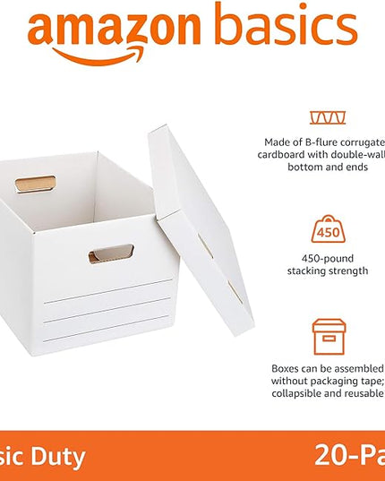 Amazon Basics Storage and Filing Boxes With Lid and Handles, Legal/Letter Size, Basic Duty, Pack of 20, White, 16.2" L x 12.5" W x 10.5" H - LeafyLoom