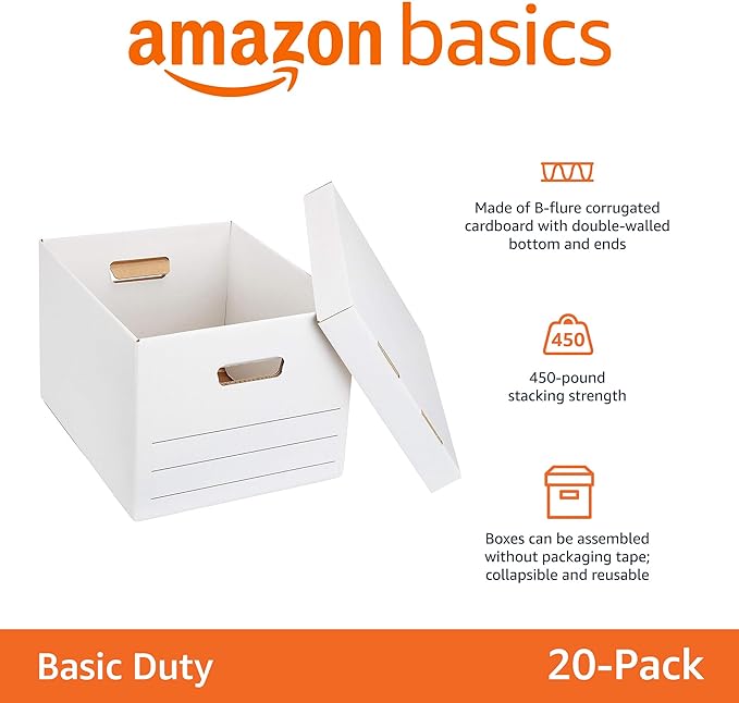 Amazon Basics Storage and Filing Boxes With Lid and Handles, Legal/Letter Size, Basic Duty, Pack of 20, White, 16.2" L x 12.5" W x 10.5" H - LeafyLoom