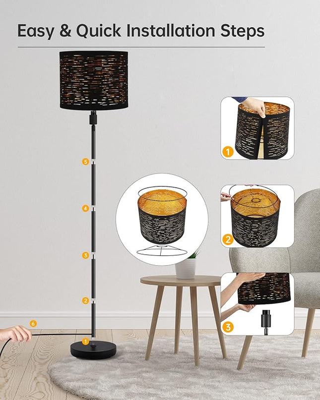 BoostArea Floor Lamp, Standing Lamp, 6W LED Floor Lamps with Black Lampshade, 2700K, Foot Switch, E26 Socket, 58" Tall Metal Pole Lamp, Simple Floor Lamps for Living Room/Bedroom/Farmhouse, Black - LeafyLoom