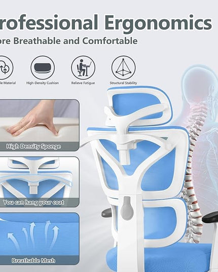 Office Chair Ergonomic Desk Chair, High Back Gaming Chair, Big and Tall Reclining chair Comfy Home Office Desk Chair Lumbar Support Breathable Mesh Computer Chair Adjustable Armrests(Sky Blue) - LeafyLoom