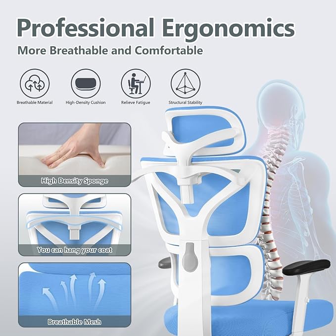Office Chair Ergonomic Desk Chair, High Back Gaming Chair, Big and Tall Reclining chair Comfy Home Office Desk Chair Lumbar Support Breathable Mesh Computer Chair Adjustable Armrests(Sky Blue) - LeafyLoom