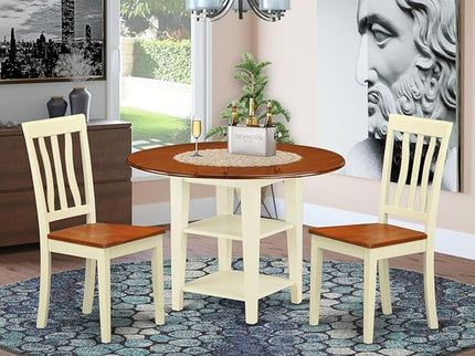 East West Furniture SUAN3-BMK-W 3 Piece Dining Room Table Set Contains a Round Dining Table with Dropleaf & Shelves and 2 Wood Seat Chairs, 42x42 Inch, Buttermilk & Cherry - LeafyLoom