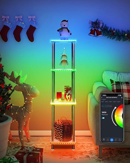 Kekeou RGBCW Floor Lamp with Shelves Tall Lamp Music Sync APP Control Standing Lamp with Wireless Charger & USB Port Color Changing Lamp with Shelves Work with Alexa White 4 Tier - LeafyLoom