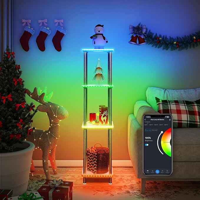 Kekeou RGBCW Floor Lamp with Shelves Tall Lamp Music Sync APP Control Standing Lamp with Wireless Charger & USB Port Color Changing Lamp with Shelves Work with Alexa White 4 Tier - LeafyLoom
