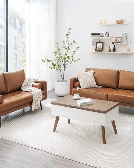 Vonanda 56" Loveseat Small Couch, Mid-Century 2 Seater Sofa Faux Leather Couch with Hand-Stitched Comfort Cushion and Bolster Pillows for Living Room, Loveseat Cognac Tan - LeafyLoom