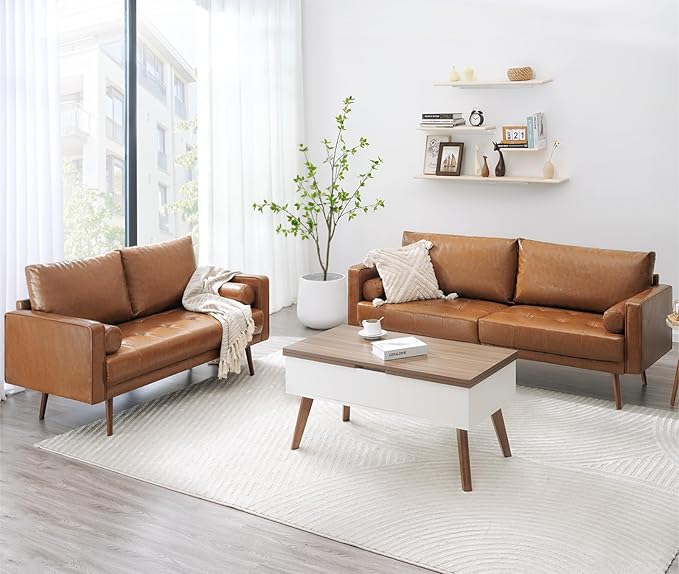 Vonanda 56" Loveseat Small Couch, Mid-Century 2 Seater Sofa Faux Leather Couch with Hand-Stitched Comfort Cushion and Bolster Pillows for Living Room, Loveseat Cognac Tan - LeafyLoom