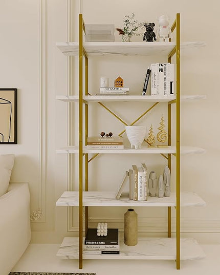 5 Tiers Bookshelf Organizer White Faux Marble Shelf,Modern Open Display Storage Bookcase, and Metal Bookshelf Standing Storage Shelf Tall Shelving Units for Home Office Study - LeafyLoom