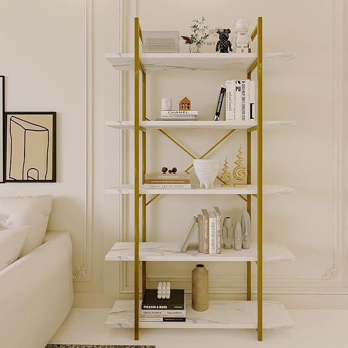 5 Tiers Bookshelf Organizer White Faux Marble Shelf,Modern Open Display Storage Bookcase, and Metal Bookshelf Standing Storage Shelf Tall Shelving Units for Home Office Study - LeafyLoom