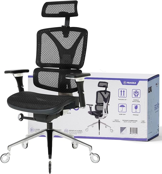 Nouhaus Ergonomic Office Chair Lumbar Support Aluminum Alloy Backrest, Big and Tall Mesh Computer Desk Chair with Adjustable Headrest, 4D Armrest and Premium Wheels(ErgoPRO,Black) - LeafyLoom