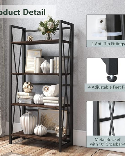 WOOD&LIFE 4 Tier Folding Bookshelf, Easily Assembled Bookcase Industrial Freestanding Multifunctional Decorative Storage Shelf, Rustic Vintage Wooden Metal Bookcase for Living Room Home Office - LeafyLoom
