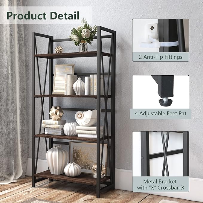 WOOD&LIFE 4 Tier Folding Bookshelf, Easily Assembled Bookcase Industrial Freestanding Multifunctional Decorative Storage Shelf, Rustic Vintage Wooden Metal Bookcase for Living Room Home Office - LeafyLoom