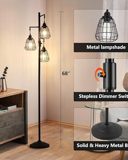 9MMML 68” Living Room Floor Lamp, Industrial Farmhouse 3 Teardrop Cage Standing Lamp,Black Tall Floor Lamp for Bedroom Office, 3 LED Edison Bulbs Included - LeafyLoom