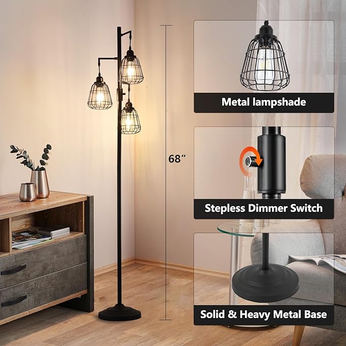 9MMML 68” Living Room Floor Lamp, Industrial Farmhouse 3 Teardrop Cage Standing Lamp,Black Tall Floor Lamp for Bedroom Office, 3 LED Edison Bulbs Included - LeafyLoom