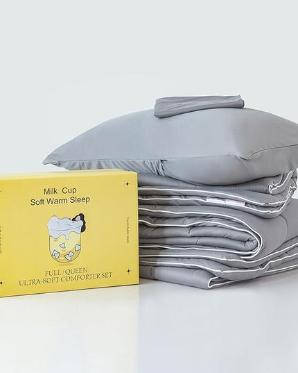 COTTEBED Ultra-Soft Warm Comforter Set Queen/Full Size Bed, Thick Milk Cup Breathable Fluffy Bedding Down Alternative & Pillowcase for Man Women Girl Winter Dark Grey - LeafyLoom