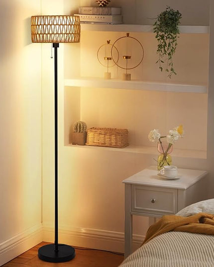 Rattan Floor Lamp for Living Room, Boho Standing Lamp with 3 Color Temperatures, Farmhouse Floor Lamp Wicker Lamp Double Shades, Bohemian Floor Lamps for Bedroom, Office(Black) - LeafyLoom