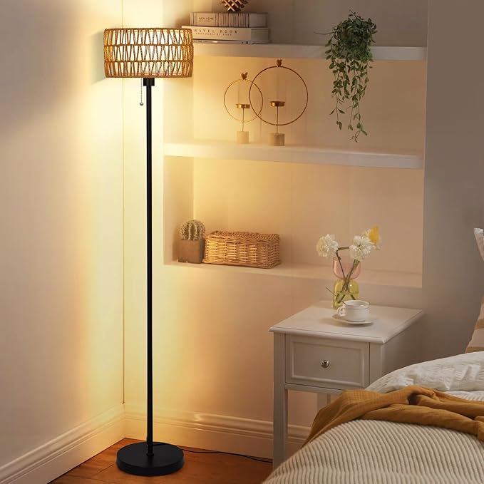 Rattan Floor Lamp for Living Room, Boho Standing Lamp with 3 Color Temperatures, Farmhouse Floor Lamp Wicker Lamp Double Shades, Bohemian Floor Lamps for Bedroom, Office(Black) - LeafyLoom