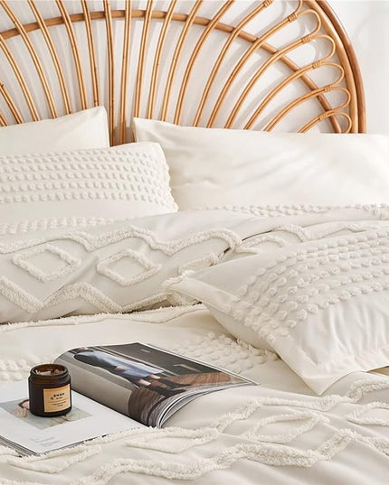 KAKIJUMN White Tufted Comforter Set Full Size 7 Piece Bed in a Bag, Shabby Chic Boho Comforter and Sheet Set, Pom Pom Textured Bed Set, All Season Soft Microfiber Complete Bedding Set(White,Full) - LeafyLoom