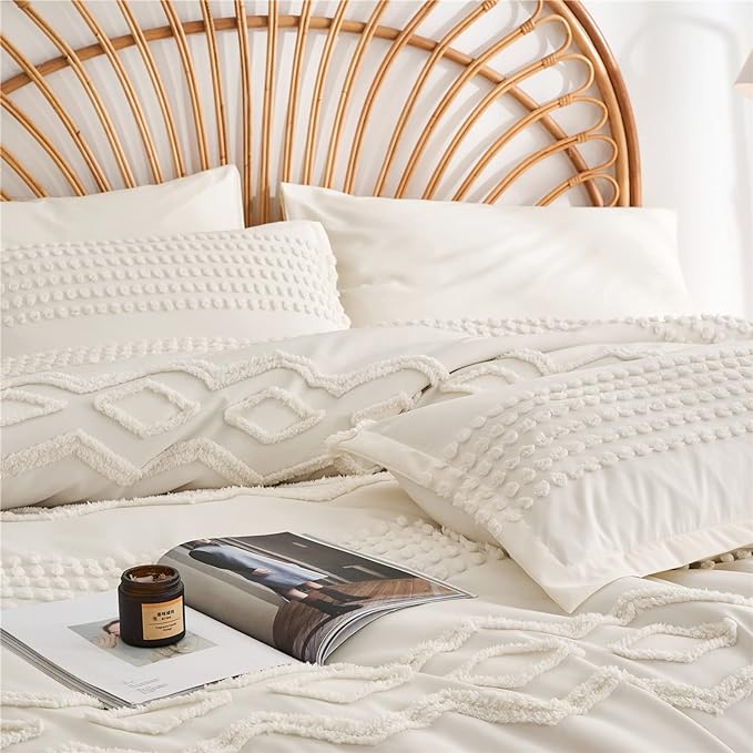 KAKIJUMN White Tufted Comforter Set Full Size 7 Piece Bed in a Bag, Shabby Chic Boho Comforter and Sheet Set, Pom Pom Textured Bed Set, All Season Soft Microfiber Complete Bedding Set(White,Full) - LeafyLoom
