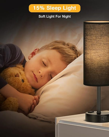 Black Touch Table Lamps Set - 3 Way Dimmable Bedroom Bedside Lamps Set of 2 with USB C and A Ports, Small Lamps for Nightstand with AC Outlet, Round Flaxen Shade for Desk, Office, Dorm, Nursery - LeafyLoom