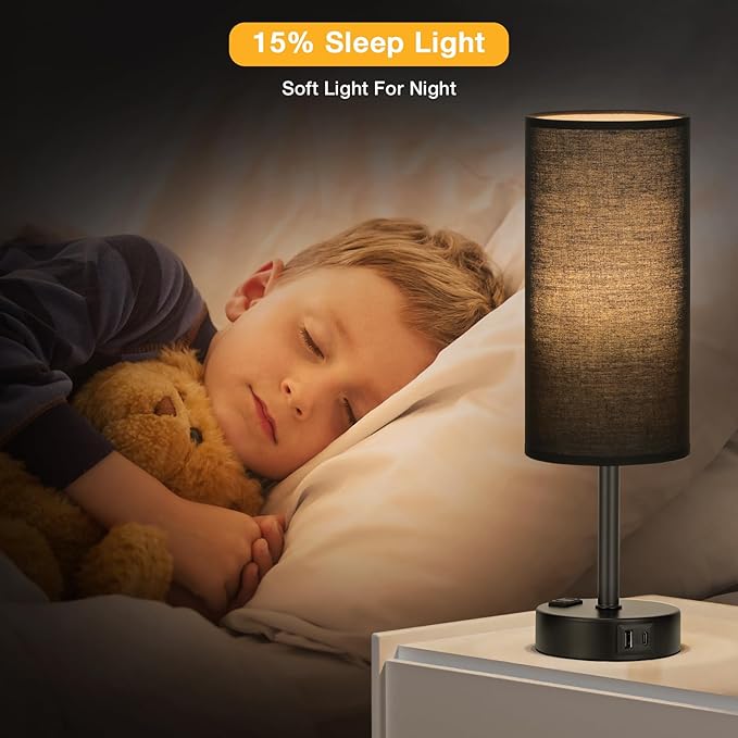 Black Touch Table Lamps Set - 3 Way Dimmable Bedroom Bedside Lamps Set of 2 with USB C and A Ports, Small Lamps for Nightstand with AC Outlet, Round Flaxen Shade for Desk, Office, Dorm, Nursery - LeafyLoom