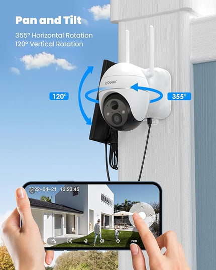 ieGeek Security Cameras Wireless Outdoor, 2K WiFi Home Security System 360° PTZ Camera 2 Pack, Solar/Battery Powered Cam with Spotlight/Siren/AI/Motion Sensor/3MP Color Night Vision, Works with Alexa ieGeek