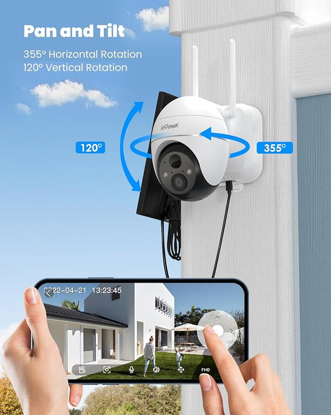 ieGeek Security Camera Outdoor, 2K Wireless WiFi 360°PTZ Camera, Solar Battery Powered Surveillance Camera with Spotlight/Siren/Motion Detection/3MP Color Night Vision,Compatible with Alexa ieGeek