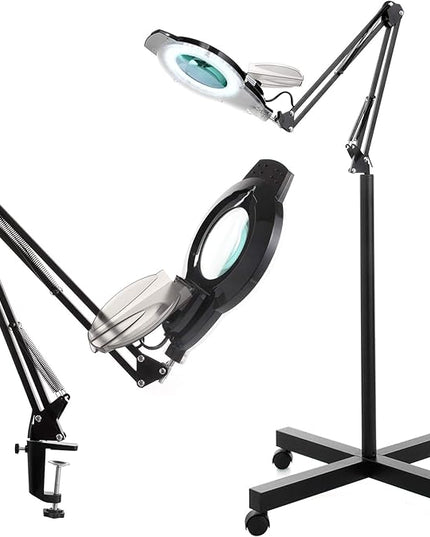 10X Magniyfing Floor Lamp with 4 Wheel Rolling Base for Estheticians 2,200 Lumens LED Magnifier Lighted Glass Lens, AdjustableStand & Swivel Arm Floor Lamp for Reading, Crafts, Tasks - LeafyLoom