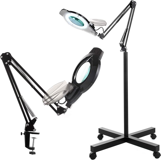 10X Magniyfing Floor Lamp with 4 Wheel Rolling Base for Estheticians 2,200 Lumens LED Magnifier Lighted Glass Lens, AdjustableStand & Swivel Arm Floor Lamp for Reading, Crafts, Tasks - LeafyLoom