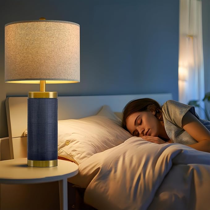 24.5" Modern Ceramic Blue Single Bedside Lamp for Bedroom Decor Farmhouse Table Lamp for Living Room Office Dorm - LeafyLoom