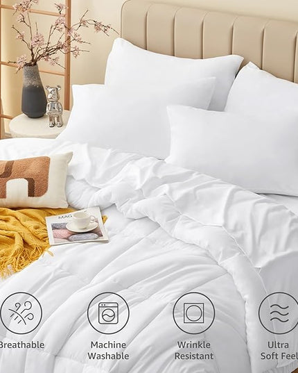 CozyLux Queen Comforter Set - 7 Pieces Bed in a Bag Set White, Bedding Sets Queen with All Season Quilted Comforter, Flat Sheet, Fitted Sheet, Pillowcases, White, Queen - LeafyLoom