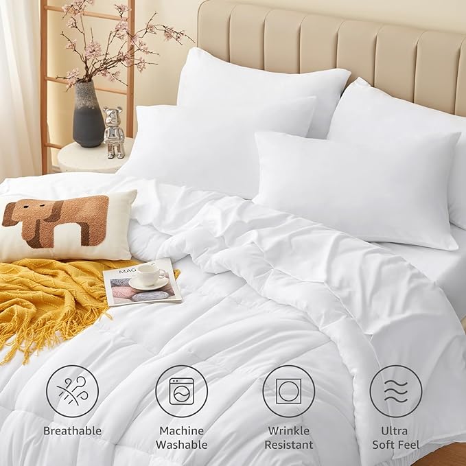 CozyLux Queen Comforter Set - 7 Pieces Bed in a Bag Set White, Bedding Sets Queen with All Season Quilted Comforter, Flat Sheet, Fitted Sheet, Pillowcases, White, Queen - LeafyLoom