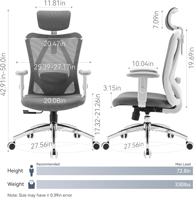 SIHOO M18 Ergonomic Office Chair, Computer Desk Chair with Adjustable Headrest and Lumbar Support, High Back Executive Swivel Chair for Home Office (Dark Gray) - LeafyLoom