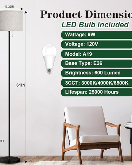 VerRon Floor Lamp for Living Room, Standing Lamp with 3 Color Temperatures LED Bulb, Tall Lamp for Bedroom Office, Black Floor Lamp with Pull Chain, Modern Corner Floor Lamp Bright Light - LeafyLoom