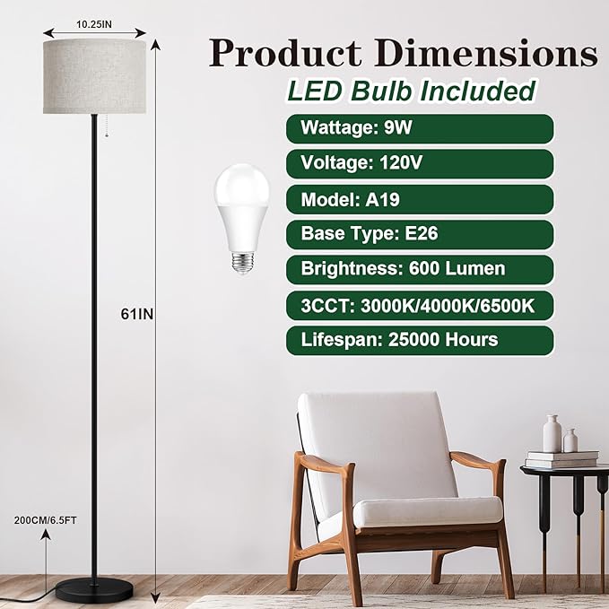 VerRon Floor Lamp for Living Room, Standing Lamp with 3 Color Temperatures LED Bulb, Tall Lamp for Bedroom Office, Black Floor Lamp with Pull Chain, Modern Corner Floor Lamp Bright Light - LeafyLoom